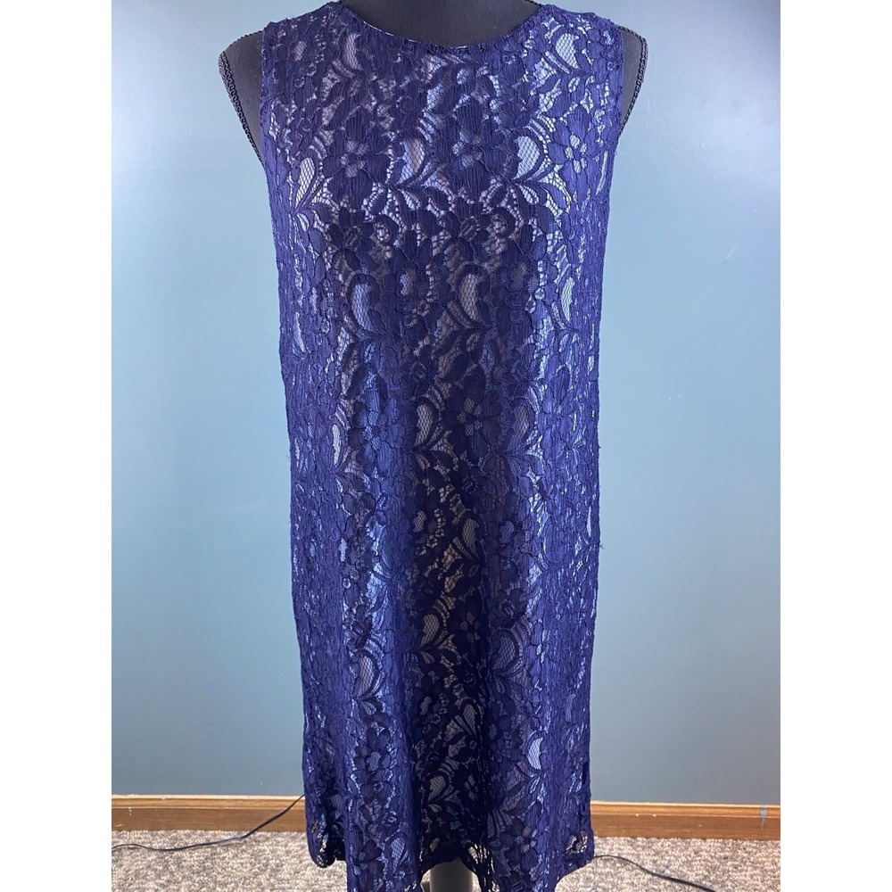 Navy‎ Blue Floral Lace Sleeveless Shift Dress Round Neck Midi Elegant Cocktail - Picture 15 of 16
